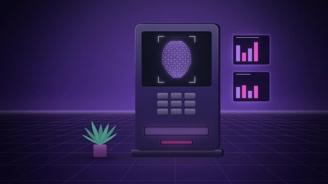 Purple cash machine facial recognition scan detail view