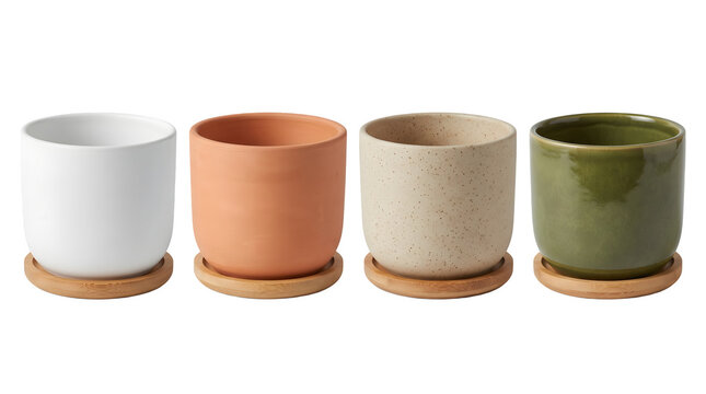 Four colorful ceramic flower pots with wooden saucers isolated on transparent background