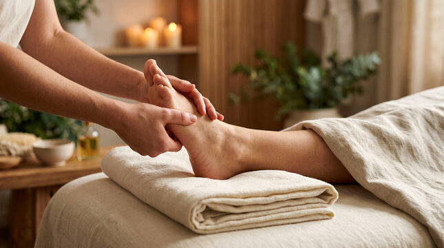 Therapist&rsquo;s hands gently working along an adult client&rsquo;s foot on folded spa towels, photographed close-up to highlight the tactile detail of a professional wellness treatment.