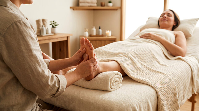 Relaxing foot massage beside a treatment bed in a softly lit room, with the client resting comfortably and the therapist focused on the feet and lower legs.