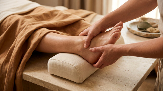 Close-up of hands supporting and massaging a bare foot over a pale towel, with warm neutral surroundings that communicate comfort, attentive care and restorative wellness.