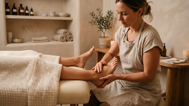 Female wellness professional performing a foot treatment for a seated client in a bright, tidy studio, emphasizing attentive service, hands-on care and a professional setting.