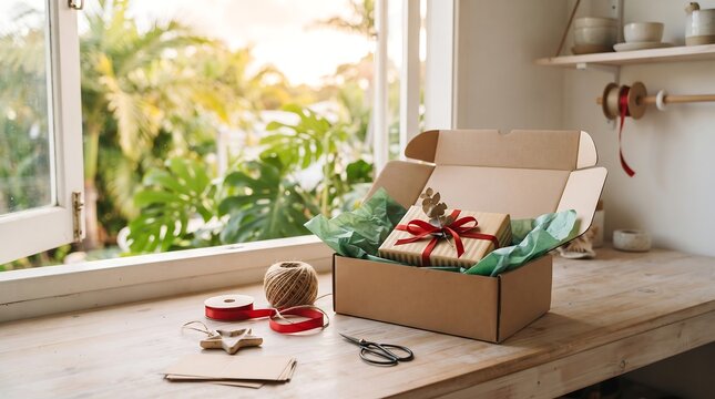 Open cardboard box with a wrapped gift, red ribbon, twine, and scissors on a wooden desk near a window with tropical plants