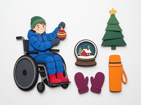 Cheerful teenager in active wheelchair with solid disc wheels wearing warm snowsuit holding Christmas ornament beside snow globe, Nordic tree, and thermos 3D paper cut craft sticker set on white backg