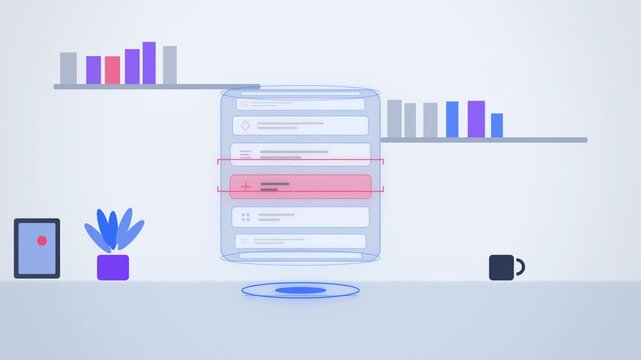 Holographic scroll picker drum on a desk AI interface wide scene