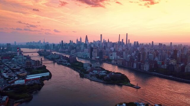 The East River winds beside Manhattan beneath a pink sky. Skyscrapers face the water beyond an island and bridge while clouds catch orange and yellow light.