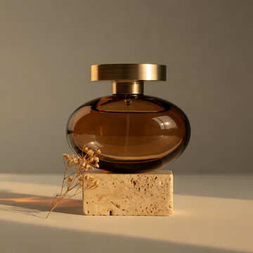 Luxury brown glass perfume bottle with gold cap on stone pedestal transparent background