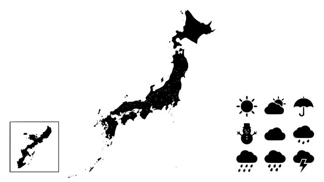 Detailed map of japan with weather forecast icons and regional inset on white background