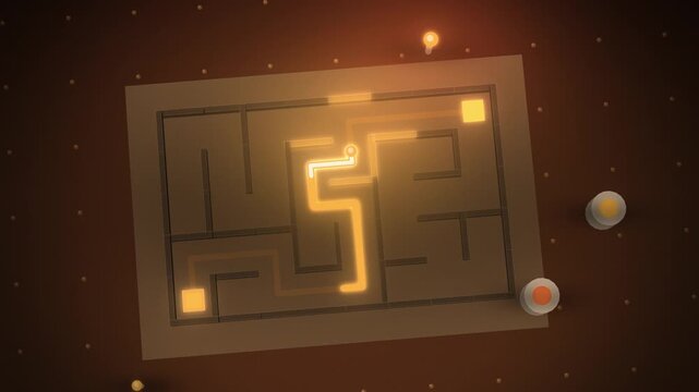 Orange circuit maze with glowing runner solving the path angled view