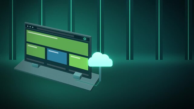 Teal cloud web hosting and website deployment wide scene tech concept