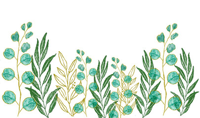 Watercolor botanical illustration of eucalyptus branches with green leaves and round blue berries isolated on transparent background © Rabea