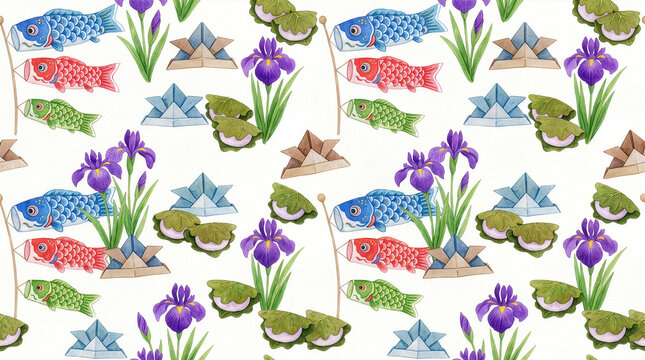 こいのぼり 007 Watercolor Seamless Pattern of Koinobori, Origami Kabuto, Kashiwamochi and Iris on White Background（白背景に鯉のぼり、折り紙の兜、柏餅、菖蒲が描かれた水彩風シームレスパターン）