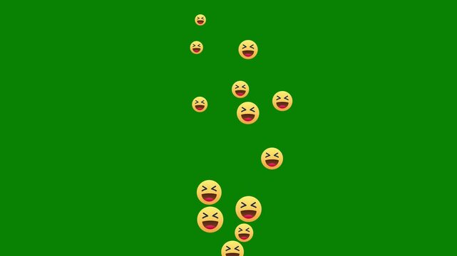 Floating laughing haha emojis reaction icons flying upwards on green background for social media video overlay