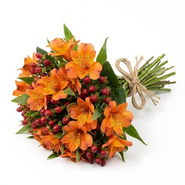 Orange alstroemeria bouquet with red hypericum berries is tied with twine.