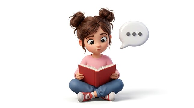 Young girl reading a book, a 3D rendering on a white background.