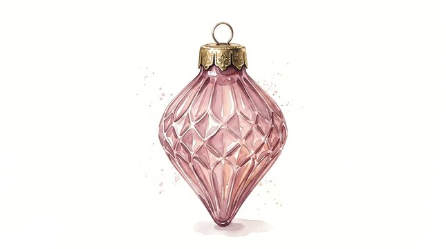 Watercolor pink christmas ornament with gold accents on white background.