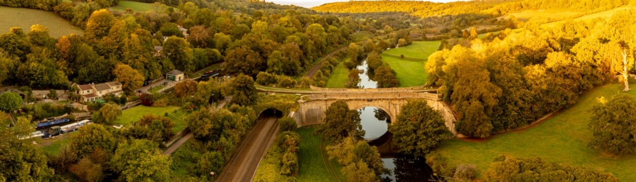 Sunset light glows over the historic Dundas Aqueduct in Somerset.