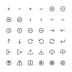 Minimalist outline icon set containing various symbols like plus, minus, checkmark, arrows, and navigation elements on a clean white background © Creative