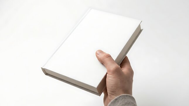 A hand holding a blank white hardcover book against a white background.