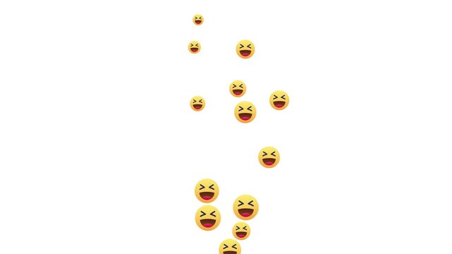 Social media live stream laughing haha emoji reaction icons flying upwards on white background