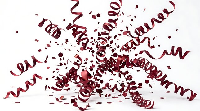 Crimson confetti and streamers burst against a white background.