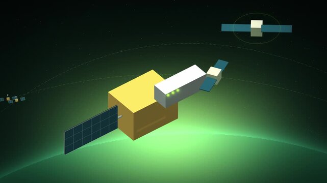 Green cubesat dispenser releasing small satellites isometric view