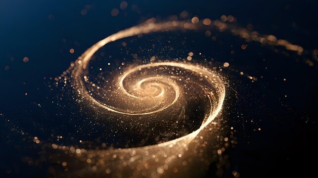 A luminous golden spiral expanding across a deep navy background, delicate sparkling particles, mathematical elegance and cinematic depth