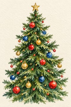 Green Watercolor Christmas Tree with Colorful Baubles and Golden Star