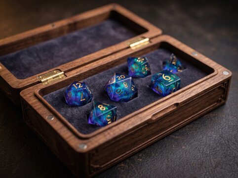 A complete set of shimmering blue and purple cosmic polyhedral dice displayed inside a custom carved wooden presentation box with velvet lining, ready for tabletop gaming.