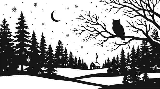 Silhouetted winter forest scene with an owl perched on a branch against a white background wintertime snowscape evergreen coniferous fir