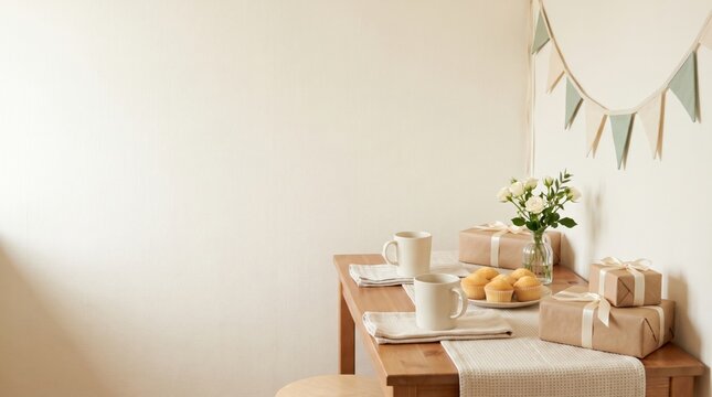 A cozy wooden table set with two cups, pastries, flowers in a vase, and wrapped gifts under a round mirror with a decorative banner.
