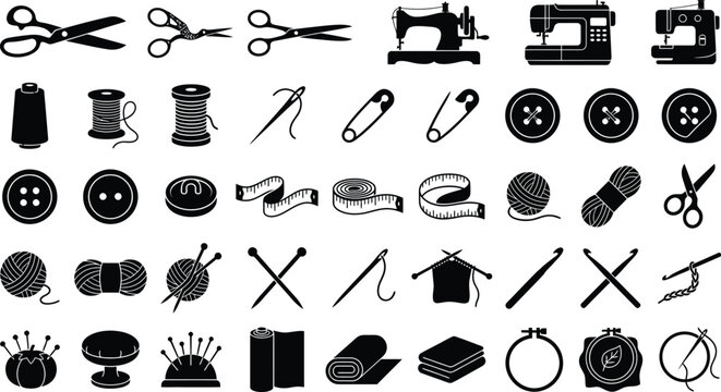 A collection of black silhouettes depicting sewing tools yarn and garment making supplies on a white background sewing tools scissors thread spool