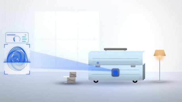 Blue fingerprint scanner suitcase lock access granted room scene