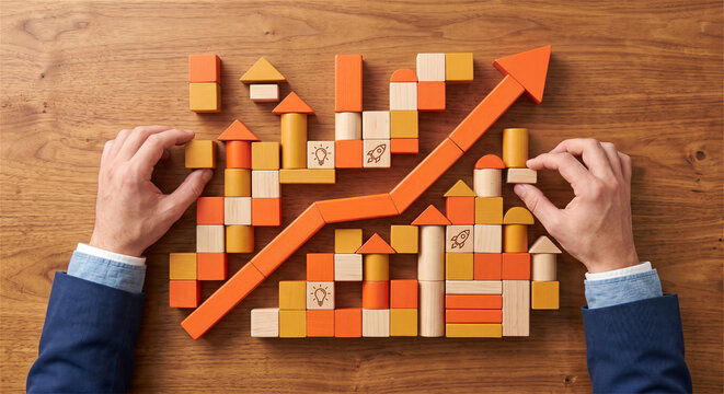 Wooden building block growth chart with upward arrow, businessman hands arranging financial strategy, corporate success concept