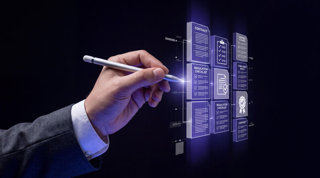 Futuristic digital interface design, businessman hand using digital stylus pen on virtual screen software dashboard