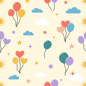 seamless pattern with Cute Cartoon Pastel Balloons and Clouds, suitable for wallpaper, textile design, packaging for child and kids
