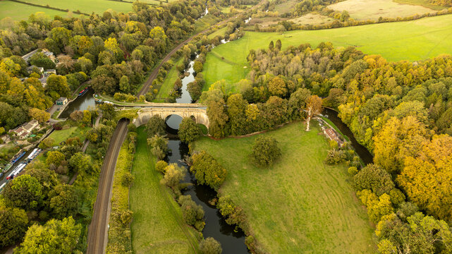 Scenic aerial view of the historic Dundas Aqueduct near Bath, England.