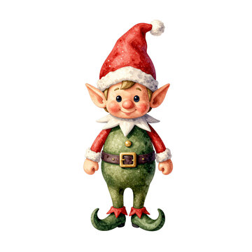 A happy cartoon elf in a red santa hat and green christmas outfit stands isolated on a white background