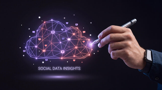 Social data insights digital cloud computing concept, futuristic glowing network data visualization, big data analysis tech background