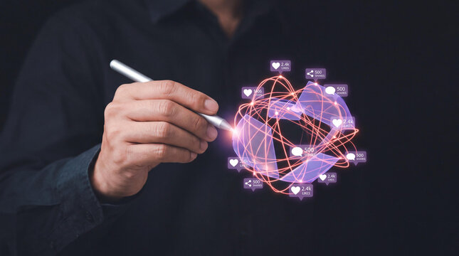 Digital marketing network concept, businessman using stylus on virtual glowing sphere icons, social media optimization and communication overlay