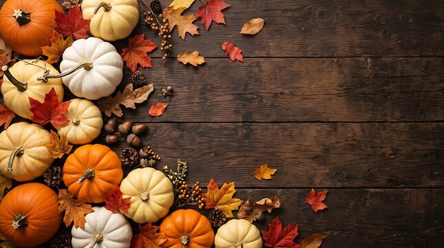Autumn harvest arrangement with pumpkins and colorful fall leaves on wood