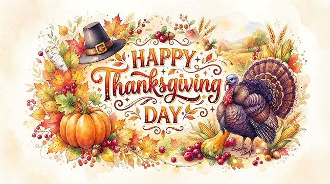Watercolor thanksgiving illustration with turkey pumpkins and autumn foliage