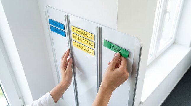 A person updates a magnetic Kanban board, moving a "Done" label into place, with "To Do" and "In Progress" columns visible.