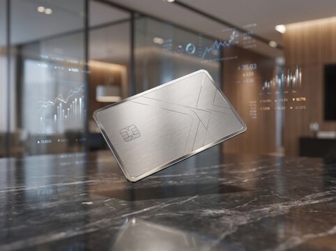 A sleek platinum metal credit card levitating over a dark marble desk with glowing digital financial charts and stock market indicators in a modern luxury office.