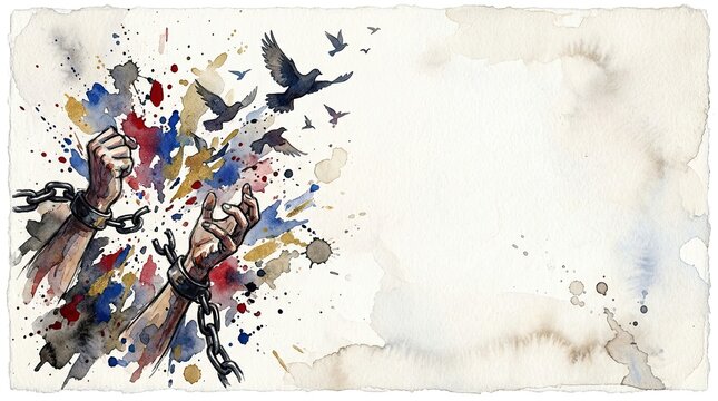 National Freedom Day watercolor illustration of hands breaking shackles with doves copy space