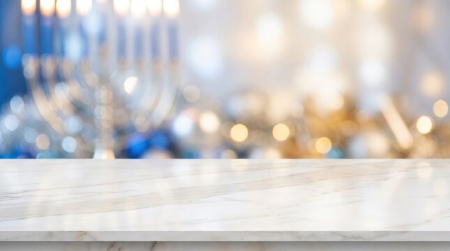 White marble countertop with a blurred background featuring a lit menorah and glowing bokeh lights.