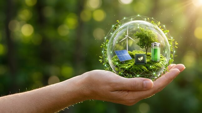 Sustainable green technology and renewable energy concept with ecosystem inside glowing glass sphere in hand