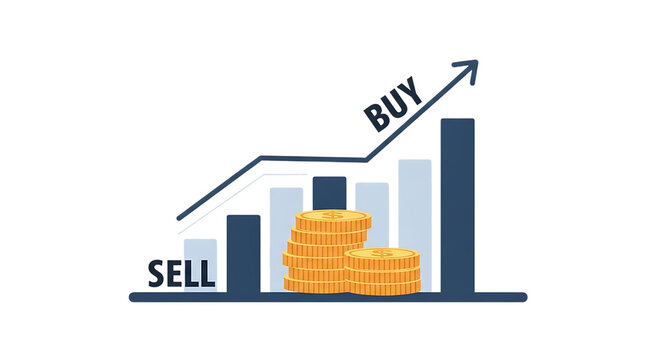 Financial growth illustration showing sell and buy stock market concept with rising bars and gold coins isolated on transparent background