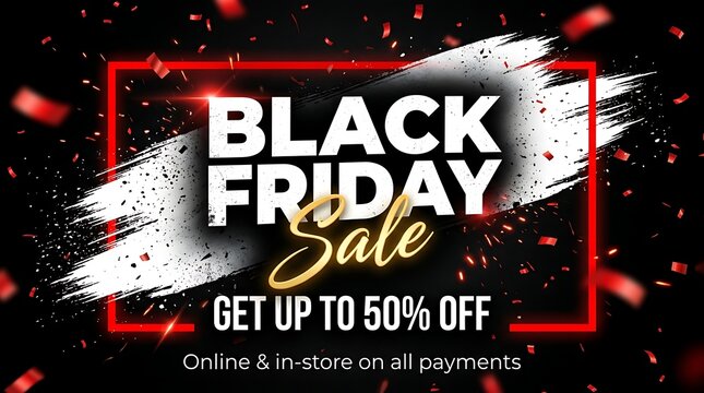 Black friday sale advertisement with confetti and neon lighting effects