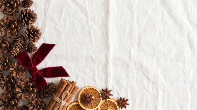 A festive flat lay of pine cones, cinnamon sticks, dried orange slices, and star anise arranged on a crinkled white fabric background with a red velvet bow.